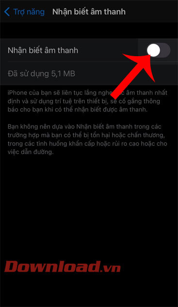 Bật công tắc tại mục Nhận biết âm thanh