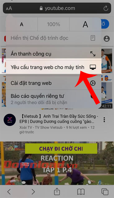 Chọn mục Yêu câu trang web cho máy tính