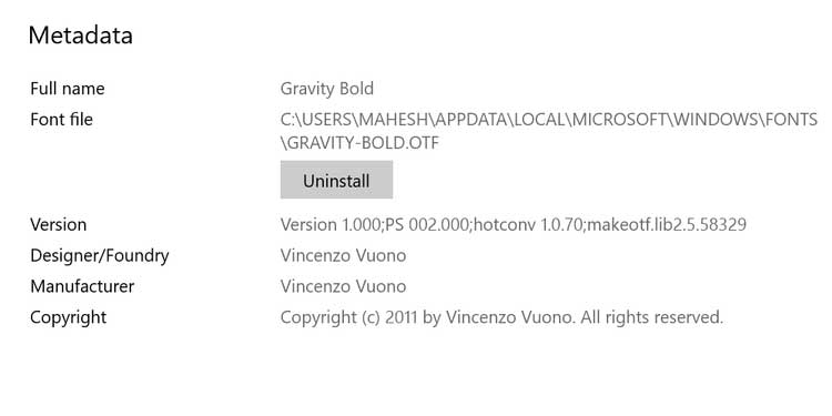 Metadata của font trên PC