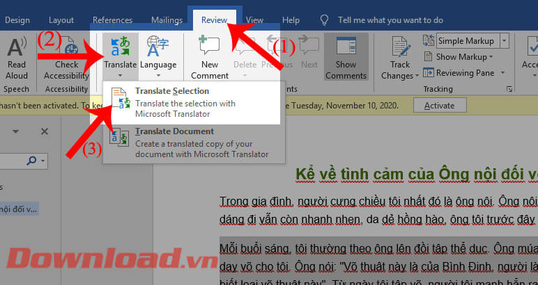 Nhấn vào mục Translate Selection