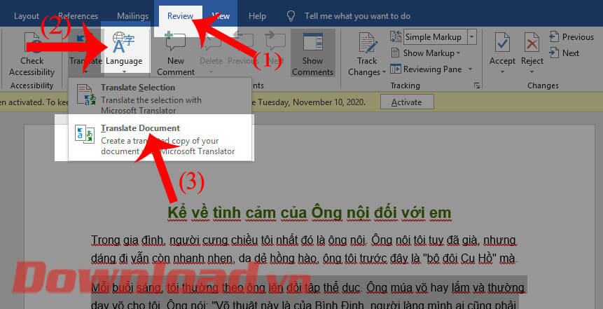 Nhấn vào mục Translate Document