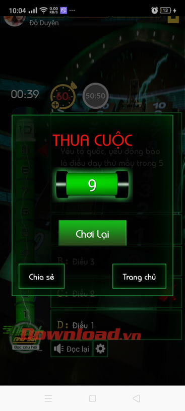 Thua cuộc, nhấn vào nút Chơi lại 