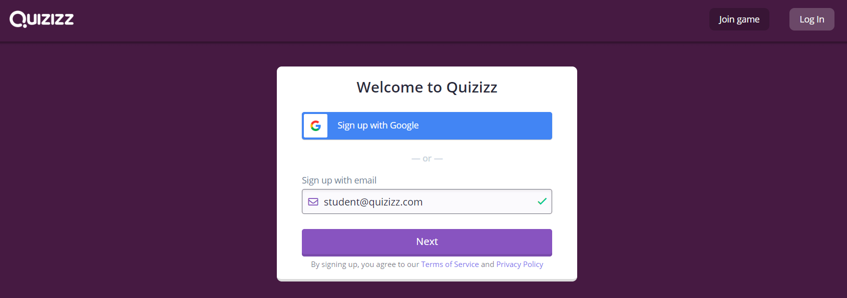 Chọn kiểu tài khoản Quizizz