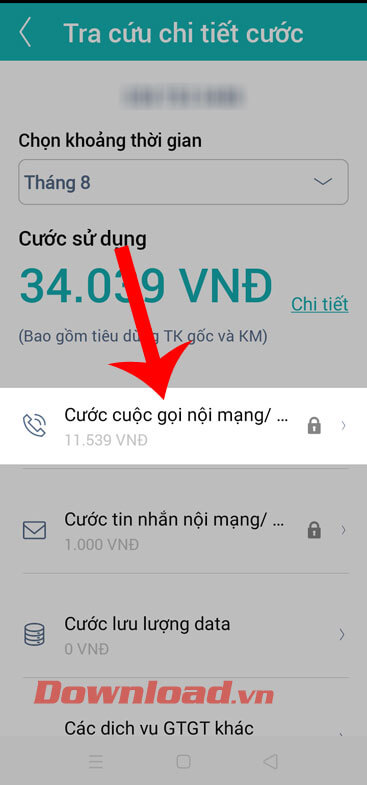 Nhấn vào mục Cước cuộc gọi nội mạng/ngoại mạng