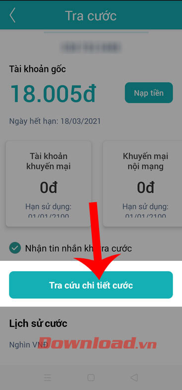 Ấn nút Tra cứu chi tiết cước