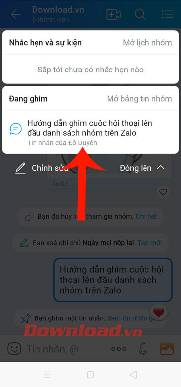 Chạm và giữ nội dung tin nhắn đã ghim