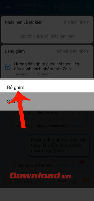 Nhấn vào mục Bỏ ghim