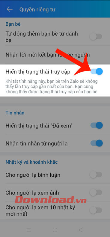 Gạt công tắc Hiển thị trạng thái truy cập