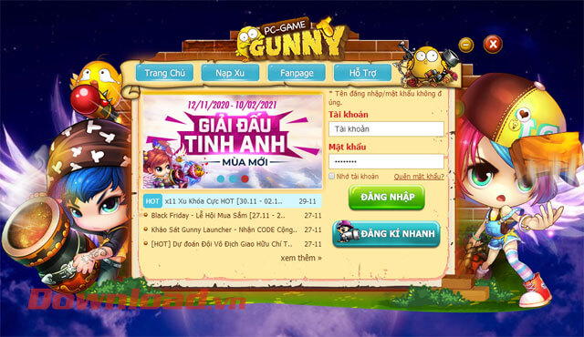 Giao diện đăng nhập của game Gunny Launcher