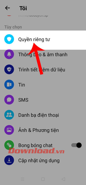 Ấn vào mục Quyền riêng tư