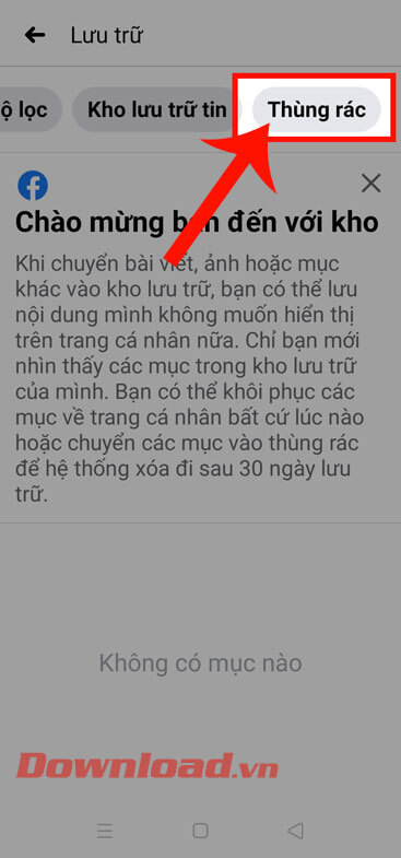 Nhấn vào mục Thùng rác