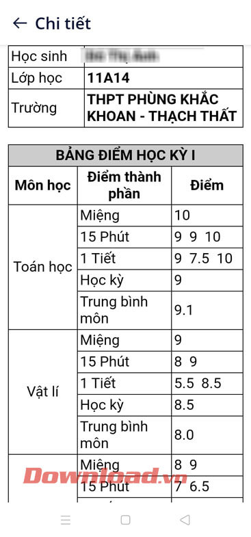 <p><strong>Bước 5:</strong> Cuối cùng trên màn hình sẽ hiển thị kết quả học tập tất cả các môn của học