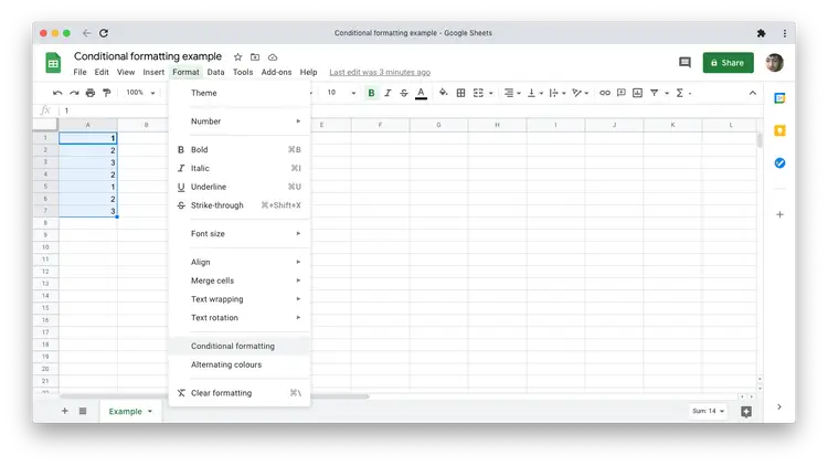 Menu chính của Google Sheets