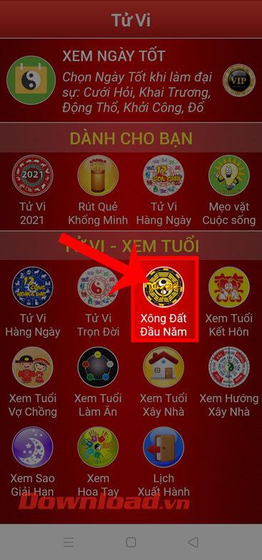 Ấn vào mục Xông đất đầu năm