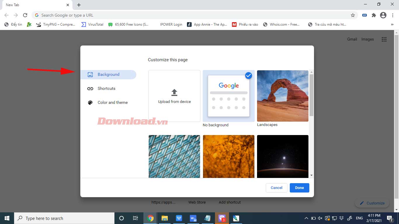 Chọn Background trên Chrome
