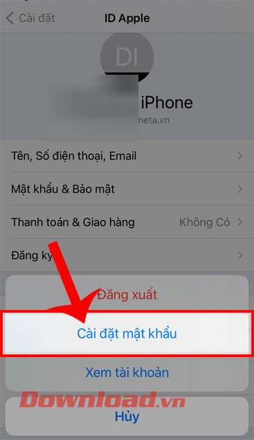 Chạm vào mục Cài đặt mật khẩu