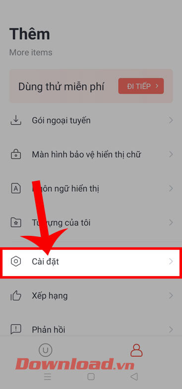 Ấn và mục Cài đặt