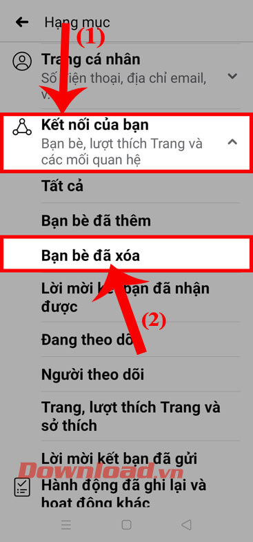 Chạm vào mục Bạn bè đã xóa