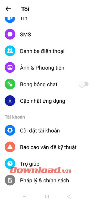 Đã tắt bong bóng chat Messenger