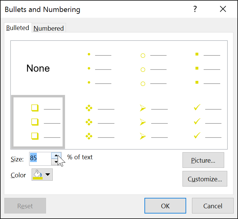 Chọn kích thước Bullets and Numbering