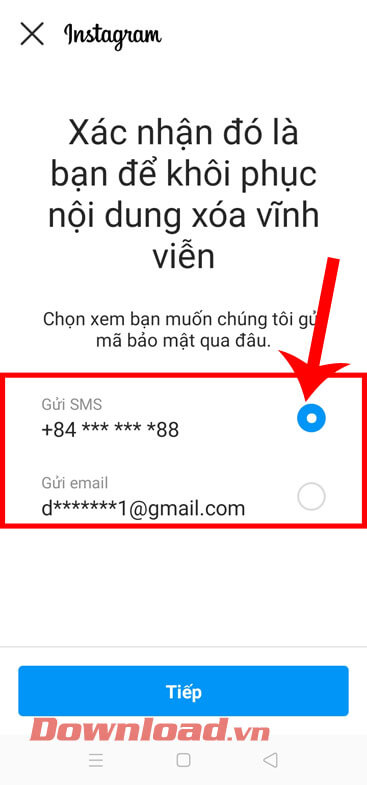 Chọn cách xác nhận tài khoản 