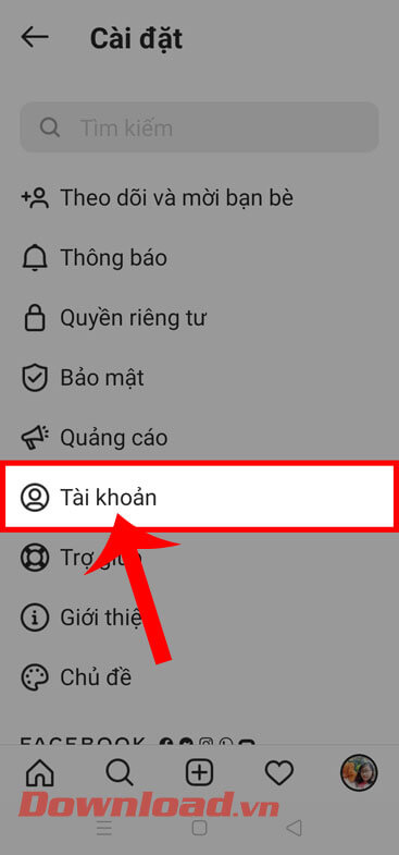 Ấn vào mục Tài khoản 