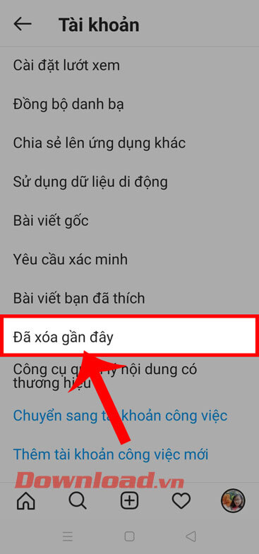 Chạm vào mục Đã xóa gần đây