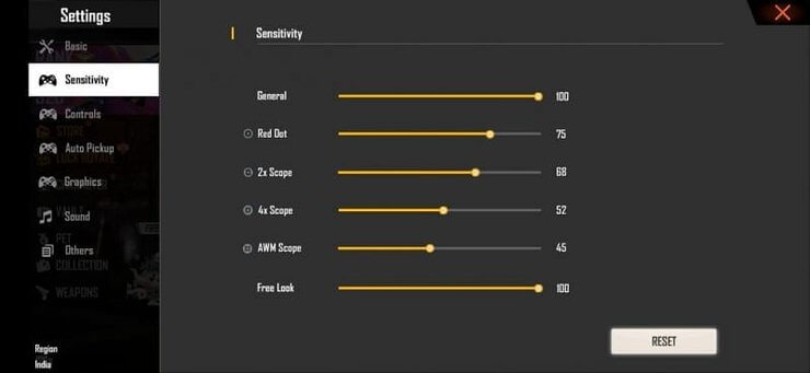 Free Fire game sensitivity settings