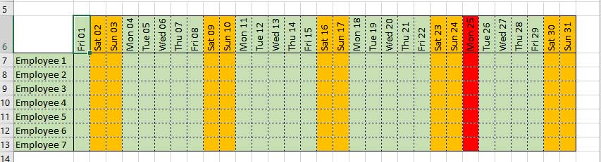 Lịch tạo bằng Excel