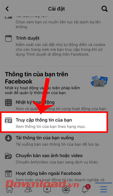 Nhấn vào mục Truy cập thông tin của bạn