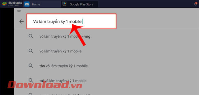 <p><strong>Bước 4:</strong> Nhập từ khóa “<em><strong>Võ lâm truyền kỳ 1 mobile</strong></em>”, rồi
