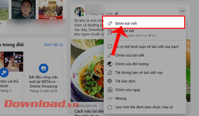 <p><strong>Bước 3:</strong> Sau đó, nhấn vào mục <strong>Ghim bài viết.</strong></p>