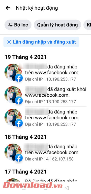 <p><strong>Bước 7:</strong> Lúc này toàn bộ lịch sử đăng nhập và đăng xuất tài khoản Facebook của mình