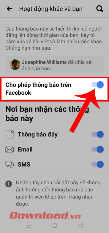 <p><strong>Bước 6:</strong> <strong>Gạt công tắc</strong> tại mục <em>Cho phép thông báo trên Facebook</em>