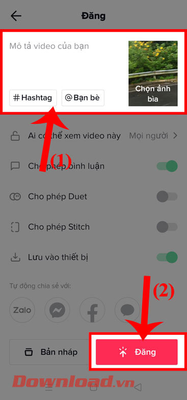 Viết caption cho video và ấn nút Đăng