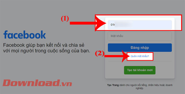 Nhập số điện thoại hoặc email, rồi ấn nút Quên mật khẩu