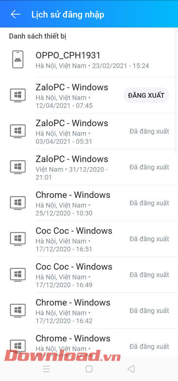 Lịch sử đăng nhập Zalo