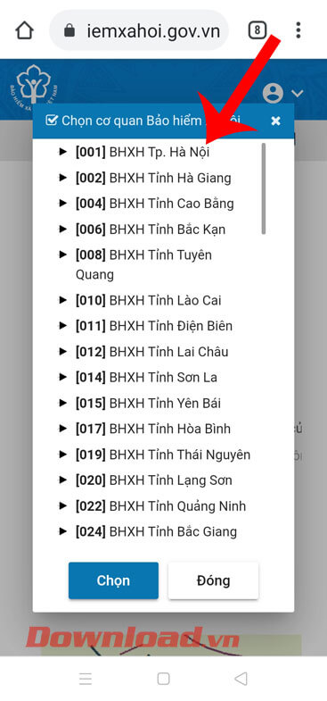 Chọn tỉnh, thành phố, huyện của cơ quan BHXH