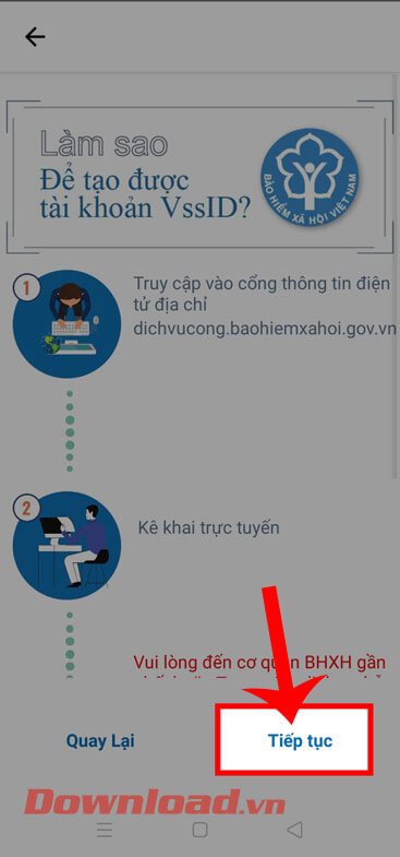 Ấn vào nút Tiếp tục