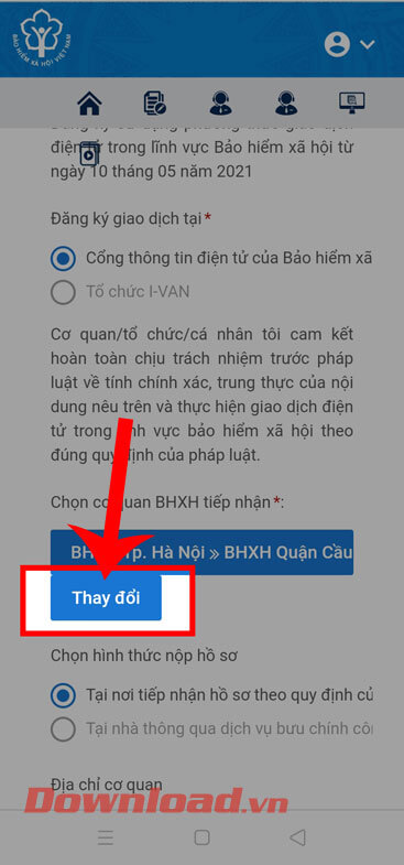 Nhấn vào nút Thay đổi 