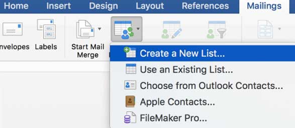 Chọn Outlook> Work Offine để quay lại chế độ trực tuyến và tin nhắn được gửi đi” src =”https://o.rada.vn/data/image/2020/05/12/Tron-thu-21.png”></p>
<h3>Cách sử dụng Mail Merge Mac trong Microsoft Word 2016</h3>
<p><strong>Tạo danh sách người nhận</strong></p>
<p>Mở Microsoft Word, sau đó chọn tab <strong>Thư từ</strong> ><strong> Chọn người nhận</strong> ><strong> Tạo một danh sách mới</strong>.</p>
<p><img class=