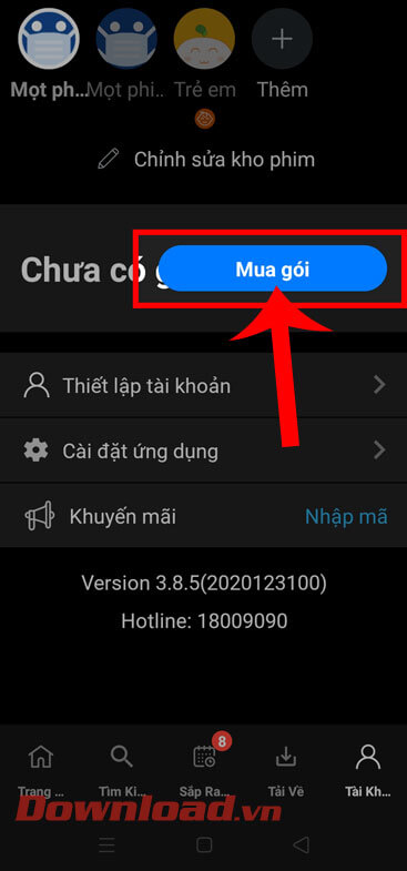<p><strong>Bước 2:</strong> Ở mục <em>Tài khoản</em> lúc này, chạm vào nút <strong>Mua gói</strong>