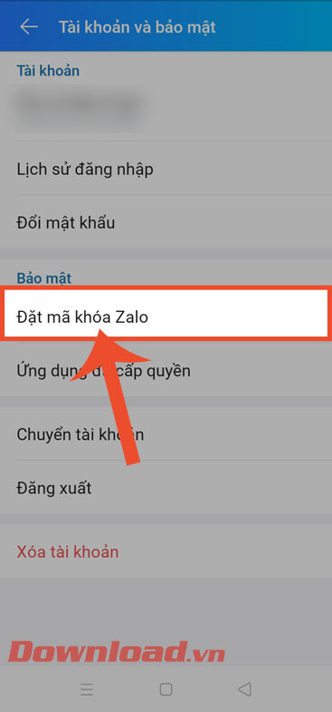 Ấn vào mục Đặt mã khóa Zalo