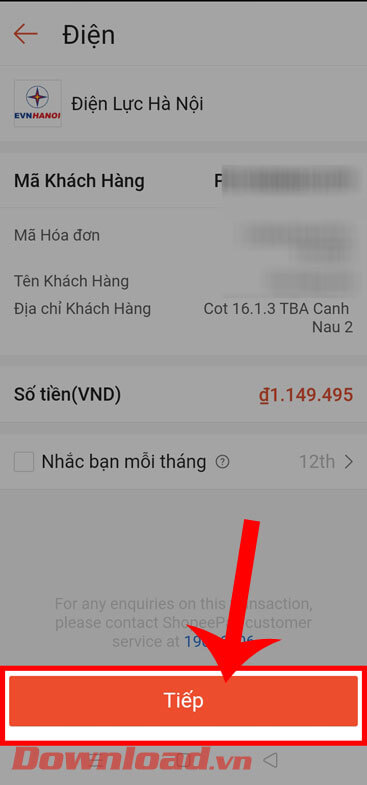 Ấn vào nút Tiếp