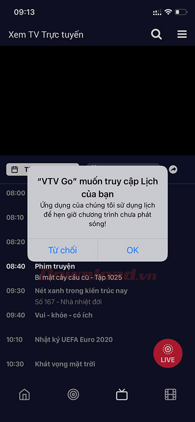Cho phép VTVgo truy cập Lịch trên iPhone