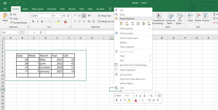 Chọn các tùy chọn dán bảng dữ liệu trong Excel