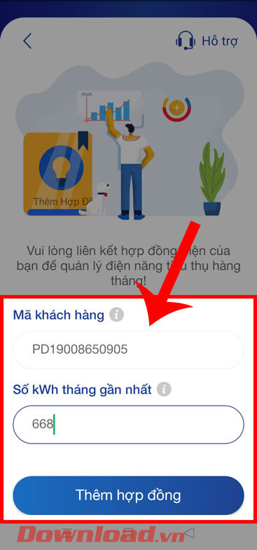 Nhập mã khác hàng và số kWh tháng gần nhất