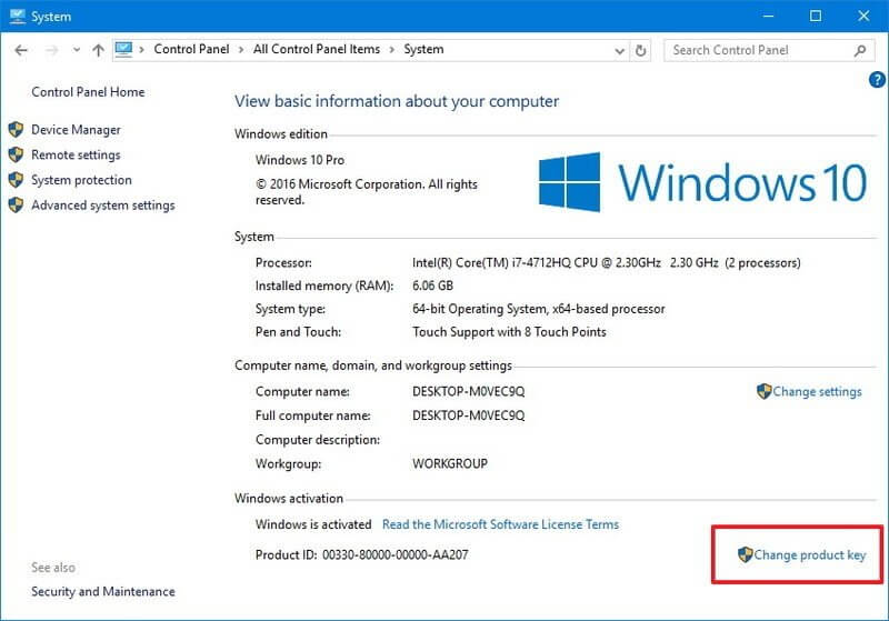 Đổi mã khóa sản phẩm Windows 10 qua Control Panel