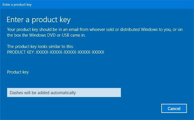 Nhập khóa sản phẩm Windows 10