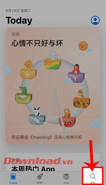 <p><strong>Bước 8:</strong> Quay lại trang chủ của App Store, nhấn vào <strong>biểu tượng tìm kiếm</strong>